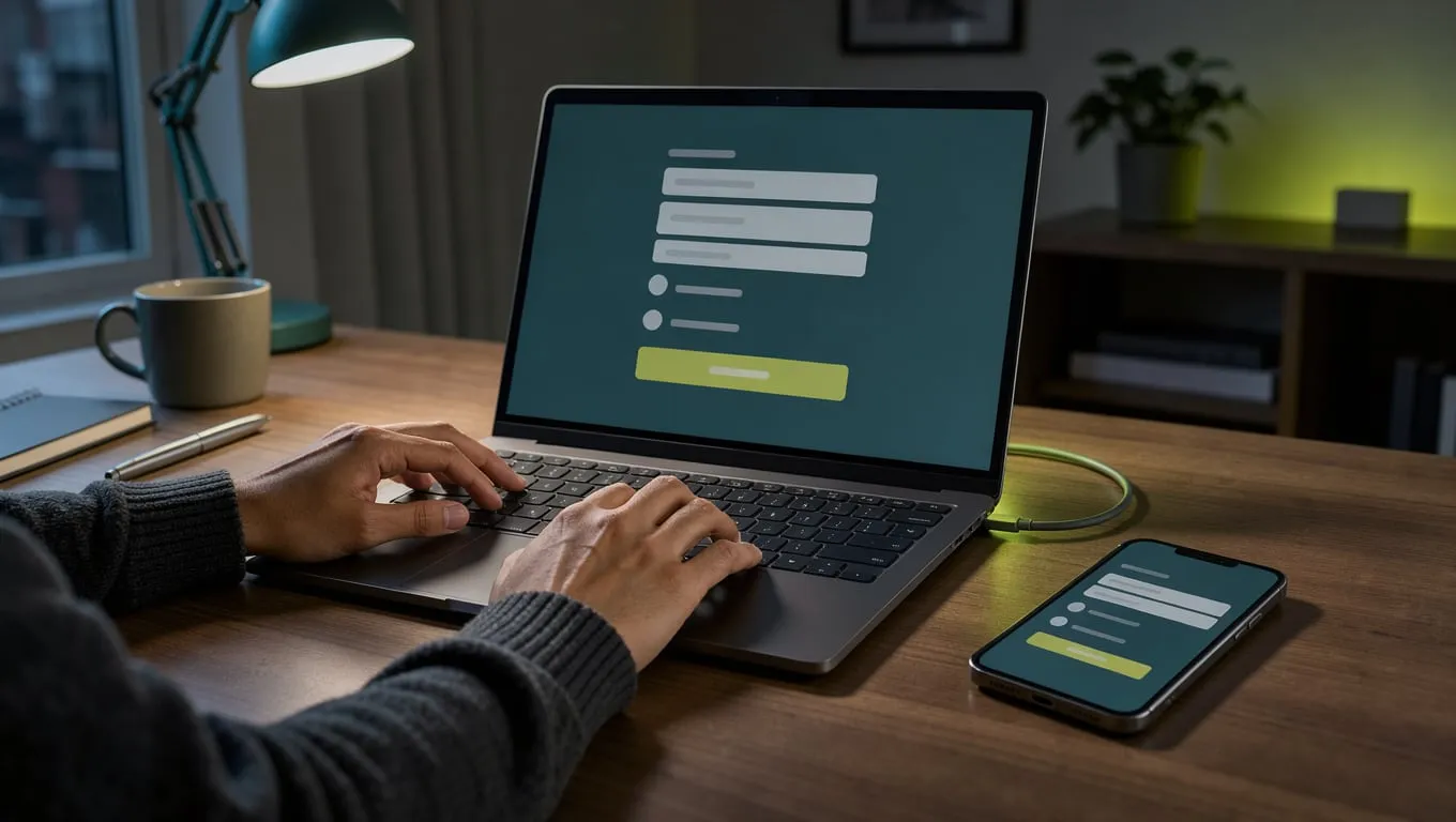 Notebook e celular com um formulário de cadastro aberto, mãos digitando