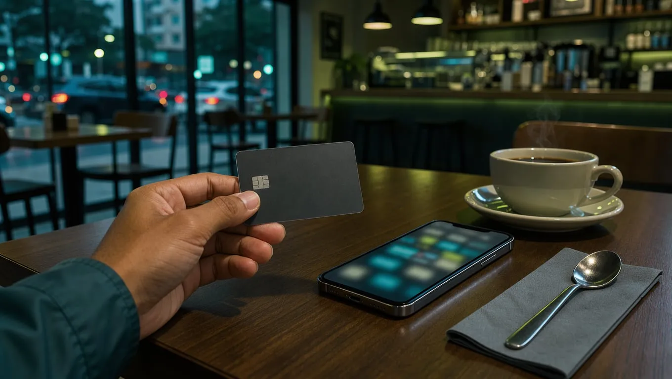 Mão segurando um cartão de crédito ao lado de um celular numa mesa de café