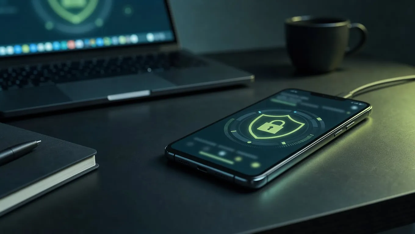 Celular sobre uma mesa com um ícone de cadeado na tela
