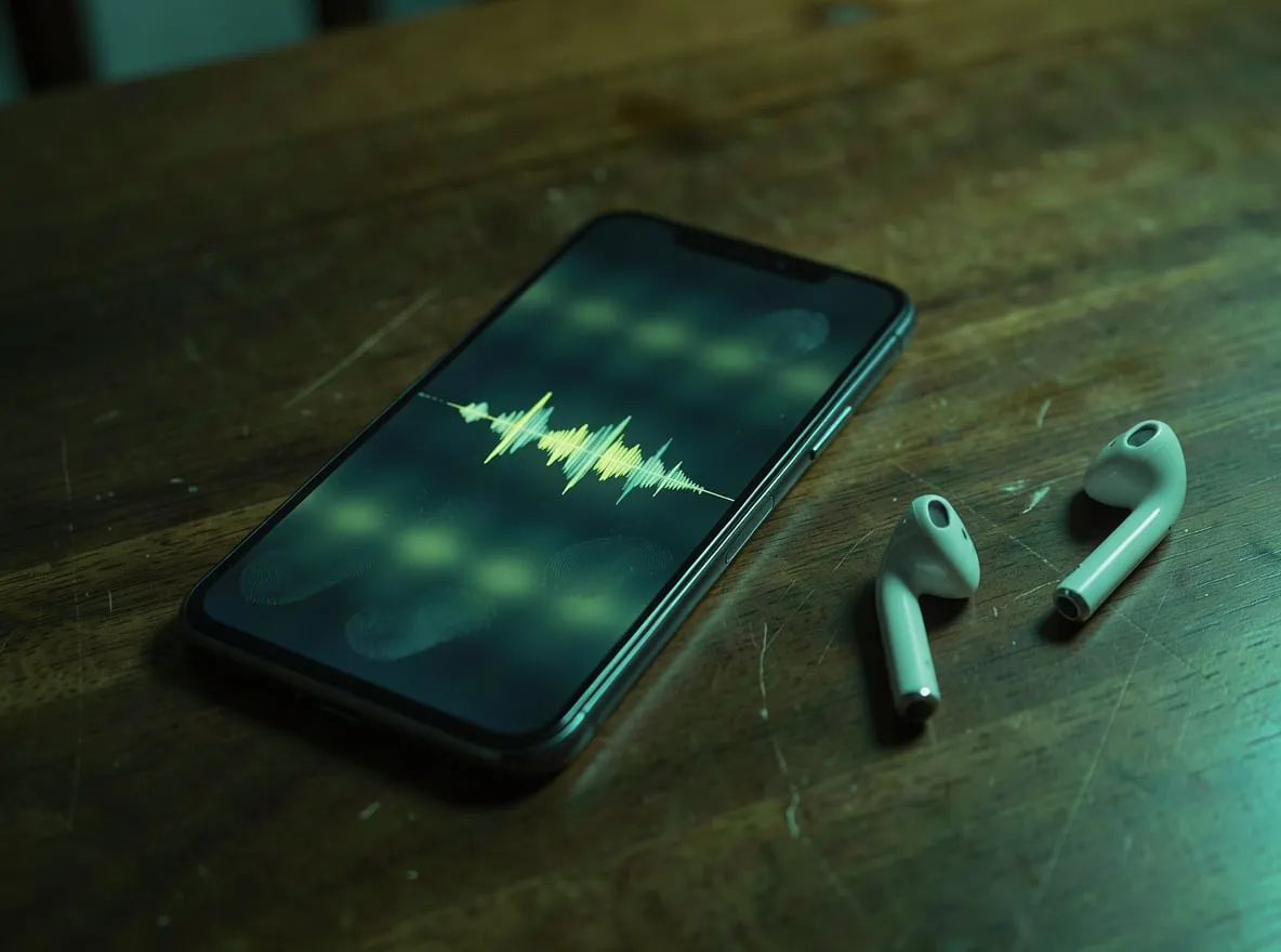 Celular sobre a mesa mostrando uma mensagem de voz, ao lado de fones de ouvido