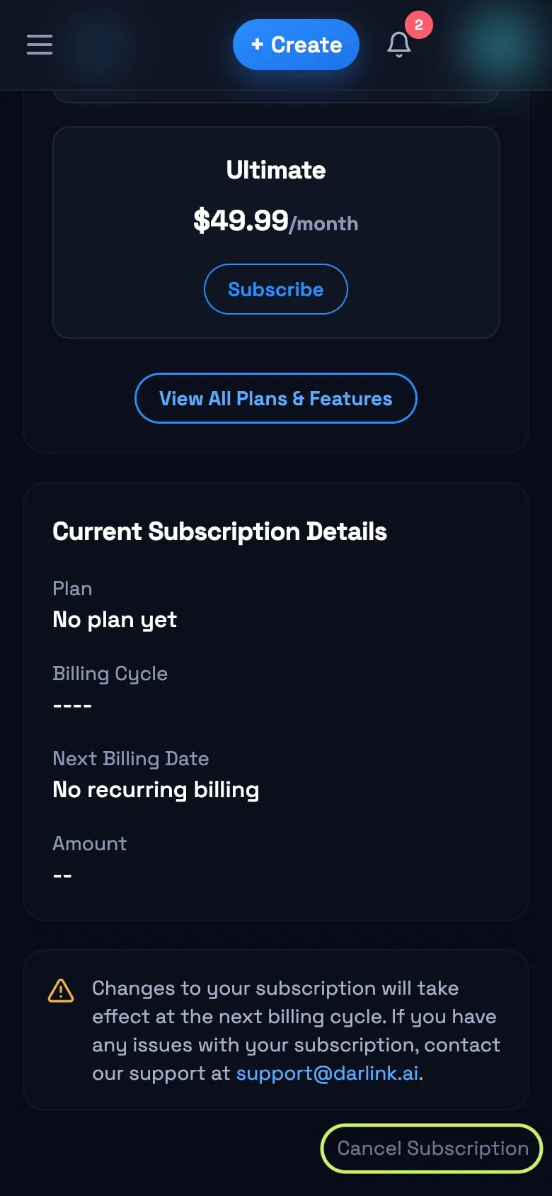 Aba Subscription das configurações do Darlink AI, com o link Cancel Subscription destacado no fim da página
