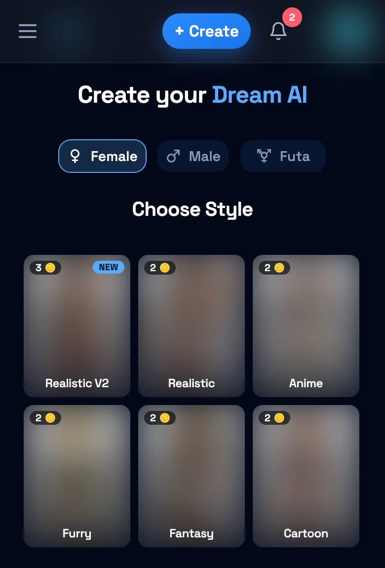 Tela de criação de personagem do Darlink AI no celular, com a escolha de gênero e de estilo