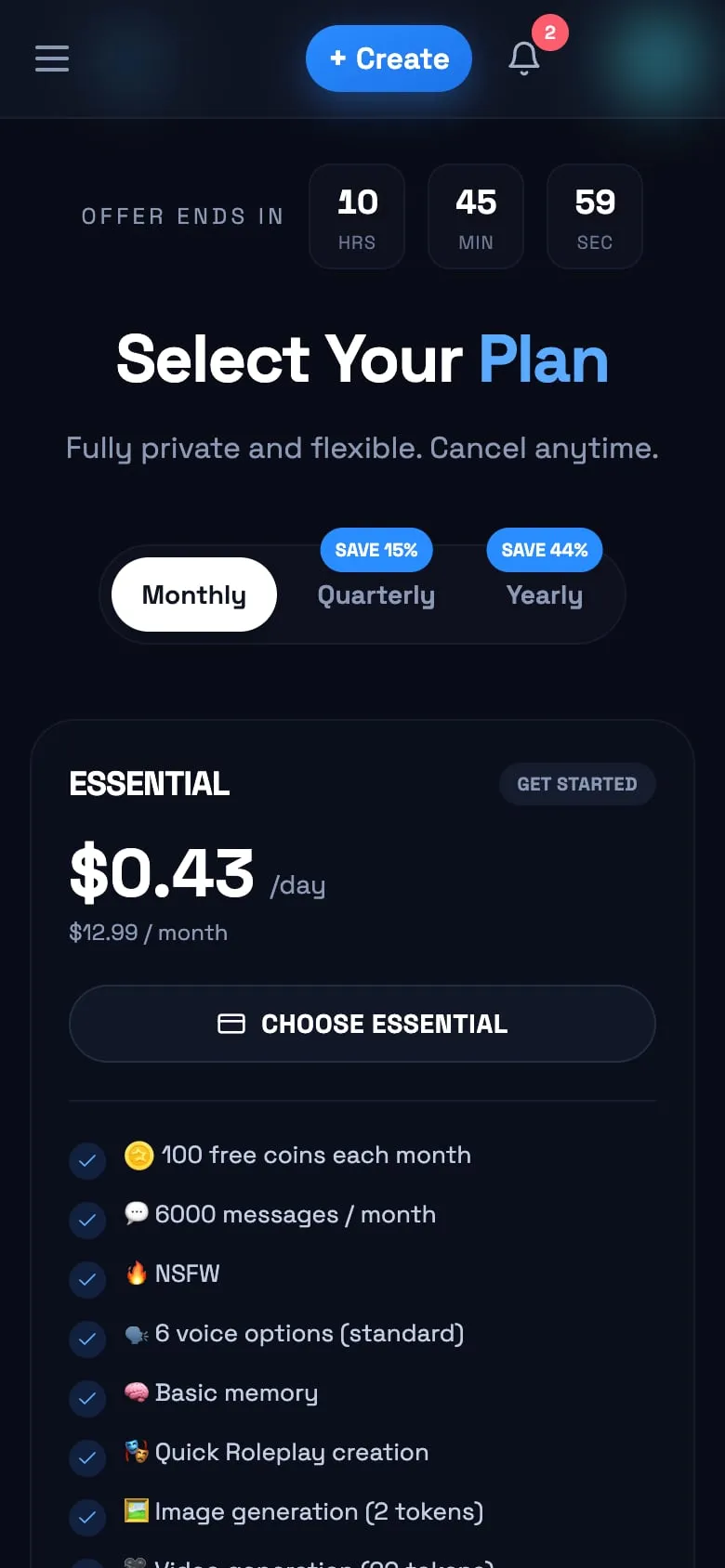 Página de planos do Darlink AI no celular, com o plano Essential a US$ 12,99 por mês
