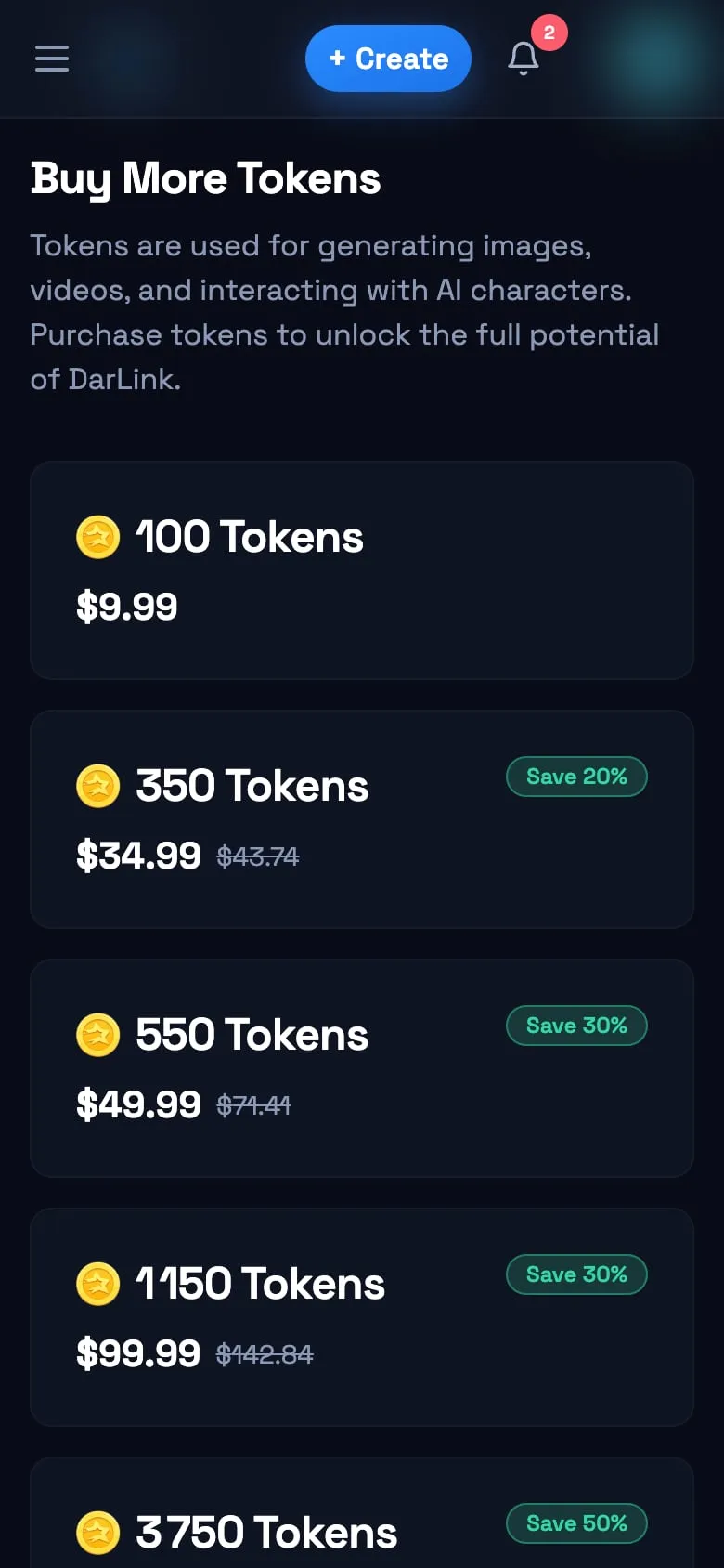 Página de pacotes de tokens do Darlink AI no celular, de 100 tokens por US$ 9,99 a 1.150 tokens por US$ 99,99