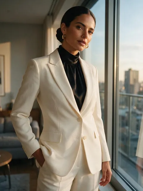 Camila, exemplo de personagem: mulher de blazer claro diante de uma janela com vista da cidade
