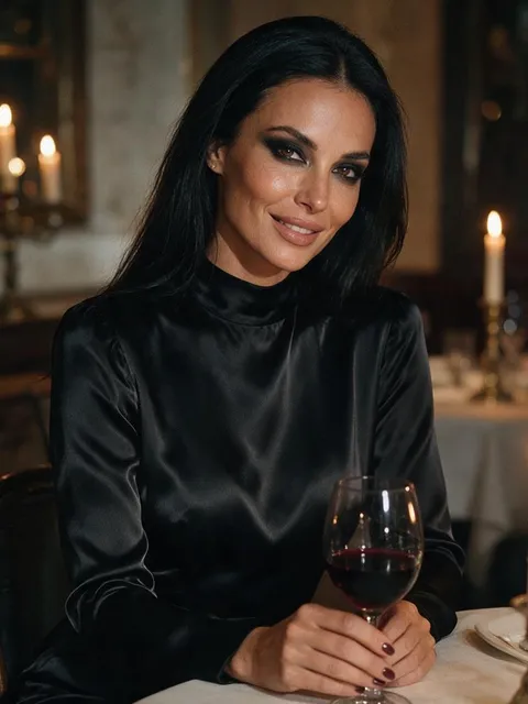 Helena, exemplo de personagem: mulher de cabelo preto e vestido preto num jantar à luz de velas