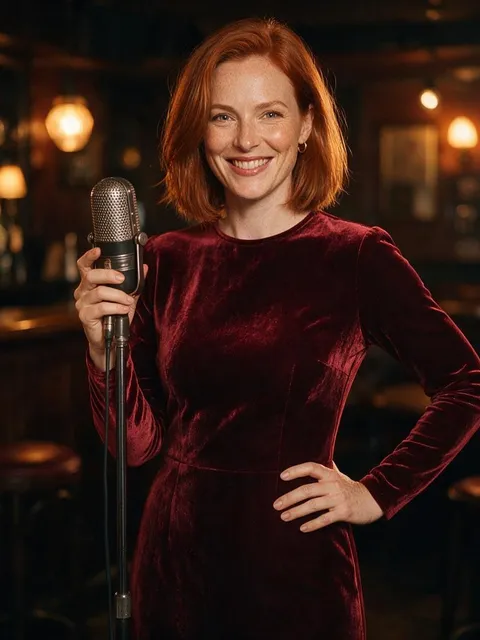 Isadora, exemplo de personagem: mulher ruiva de vestido bordô num bar de jazz