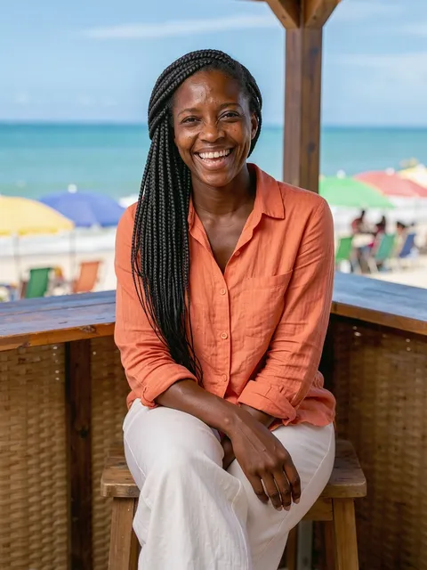 Nayara, exemplo de personagem: mulher de tranças e camisa coral num quiosque de praia